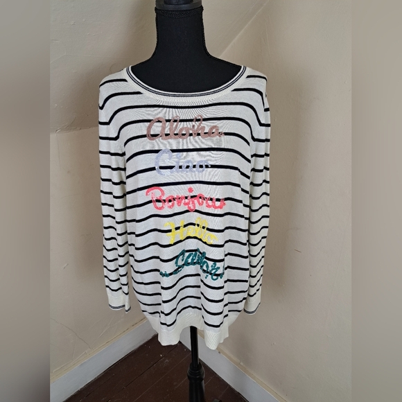 Talbots Sequins “Hello” in Different Languages Stripe Sweater Size X(2X) - Picture 2 of 11